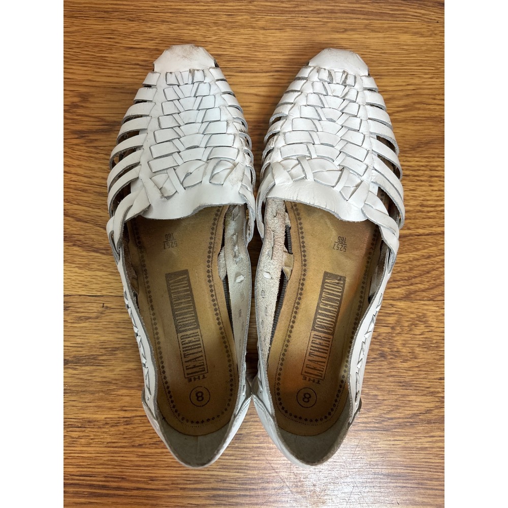 The Leather Collection White Woven Huarache Sandals Vintage Leather Flats Size 8